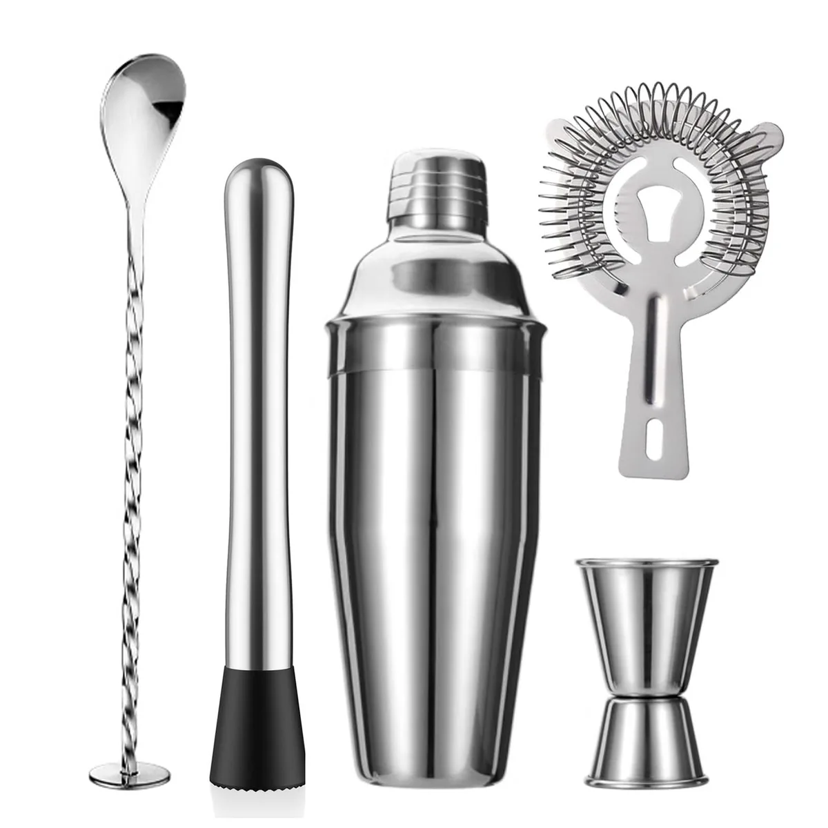 Silver stainless-steel 5-piece bar set with 18oz shaker, strainer, 15/30ML jigger, spoon, muddler