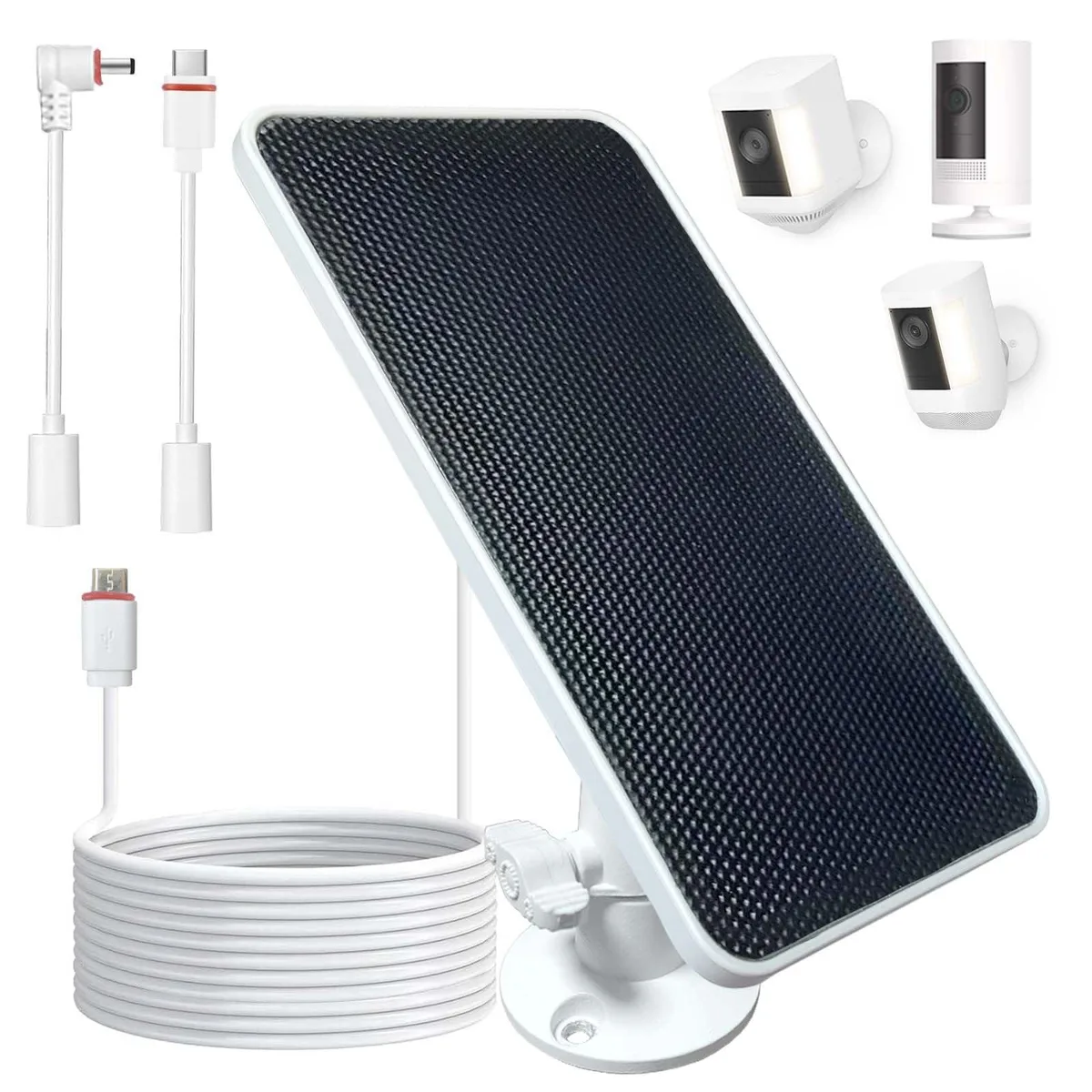 Small rectangular solar panel with dark cells silver frame and a long white cable attached to a metal mounting bracket