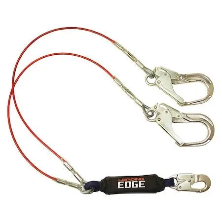 Red shock absorbing lanyard six foot steel cable aluminum rebar hook and snap hook