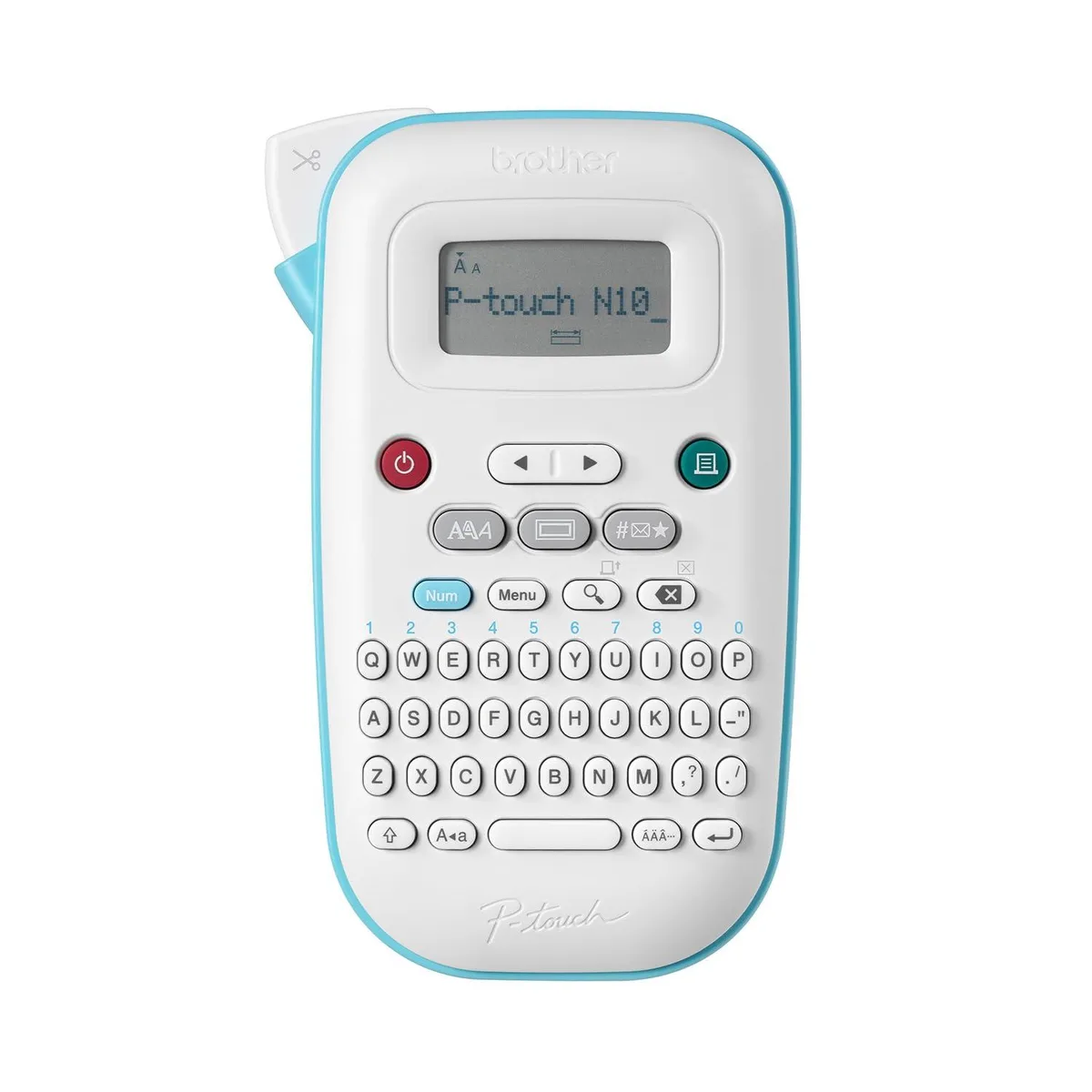 Compact white handheld label maker with QWERTY keyboard and LCD screen