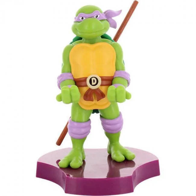 Small purple Donatello figure holding a phone and earbuds