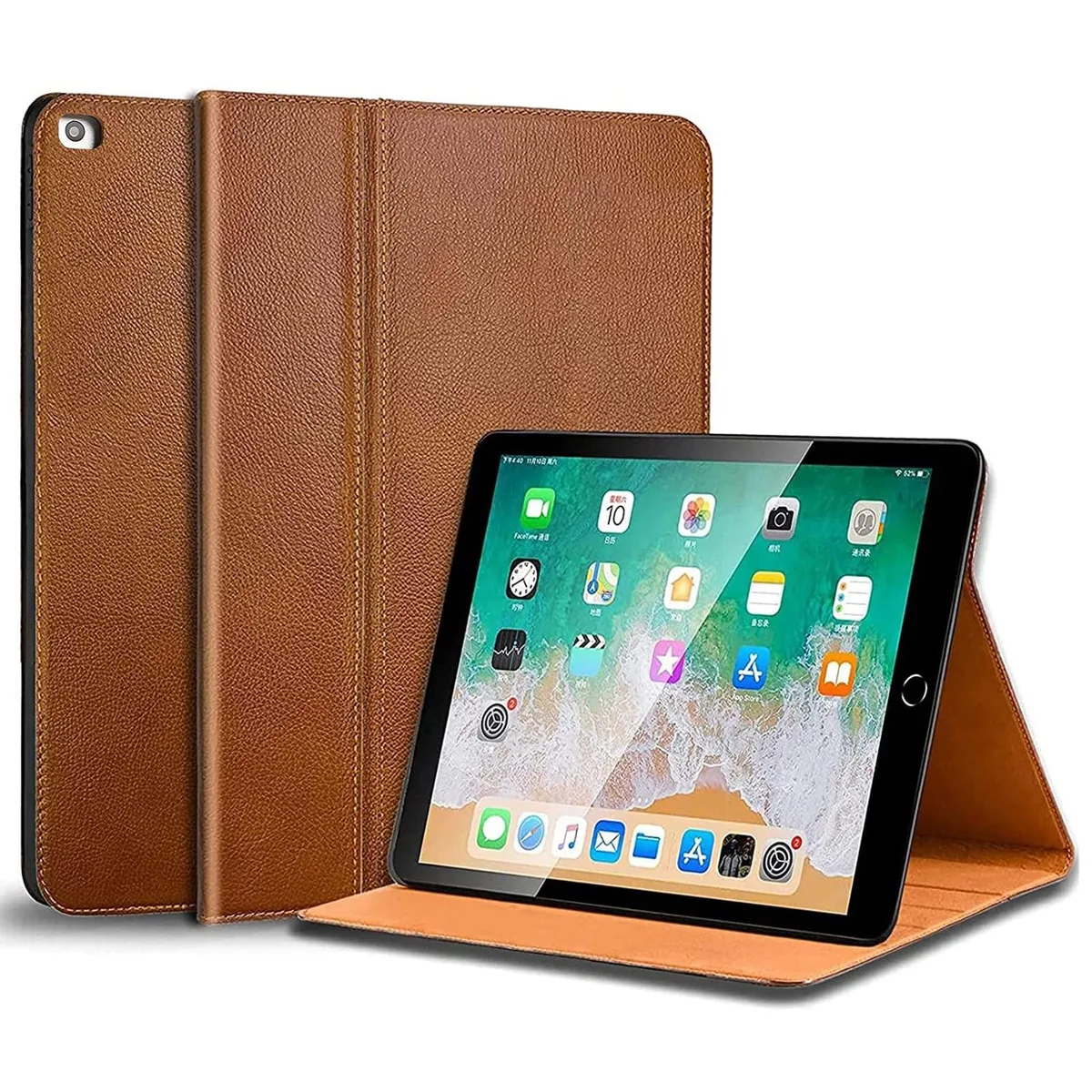 Batianda Batianda 2 in 1 accessory genuine leather folio case for iPad 9.7 inch 2017 2018 Air 2 Air 1 Brown — product photo