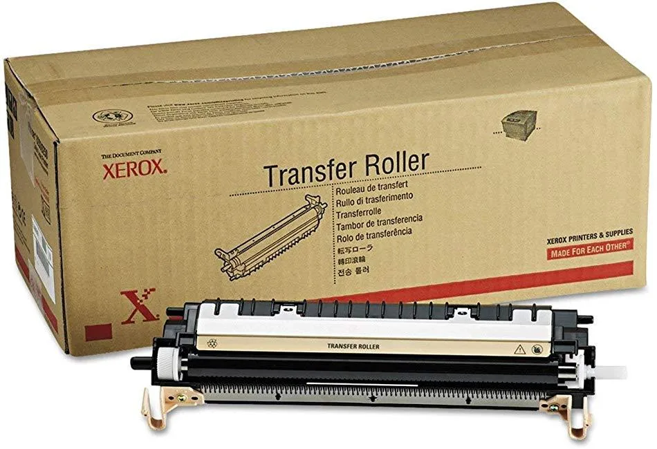 Black cylindrical transfer roller with blue gear end, Xerox 115R00116 label visible