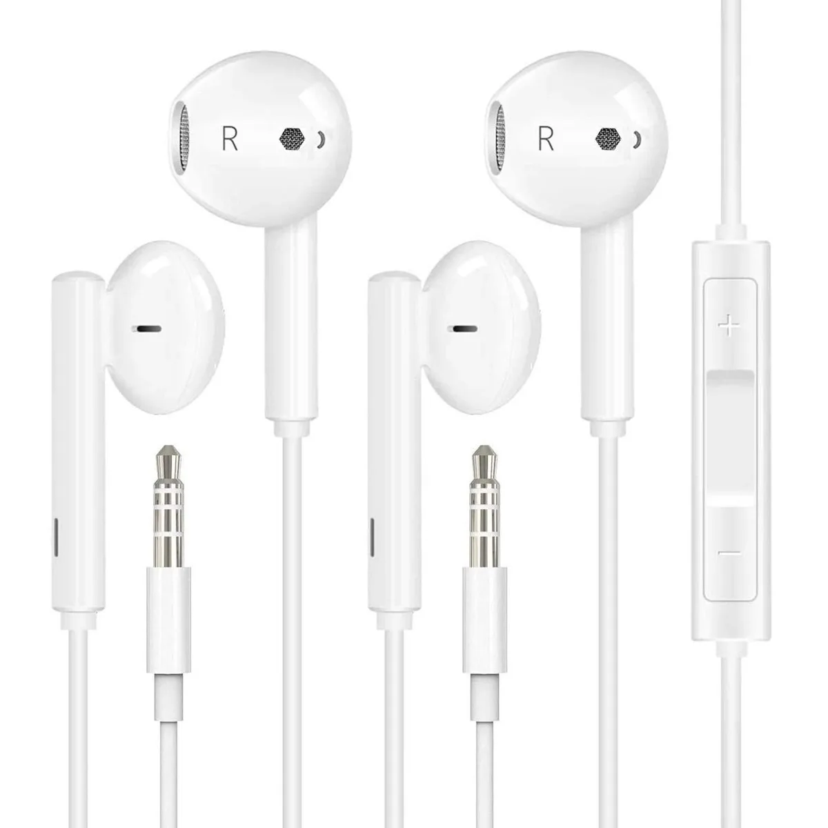 Two black wired in-ear earbuds with inline remote and 3.5mm plug