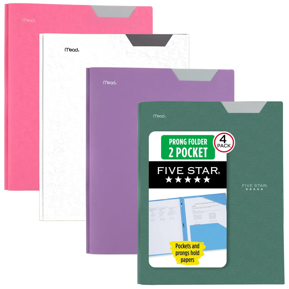 Four plastic two-pocket folders with prong fasteners in assorted colours