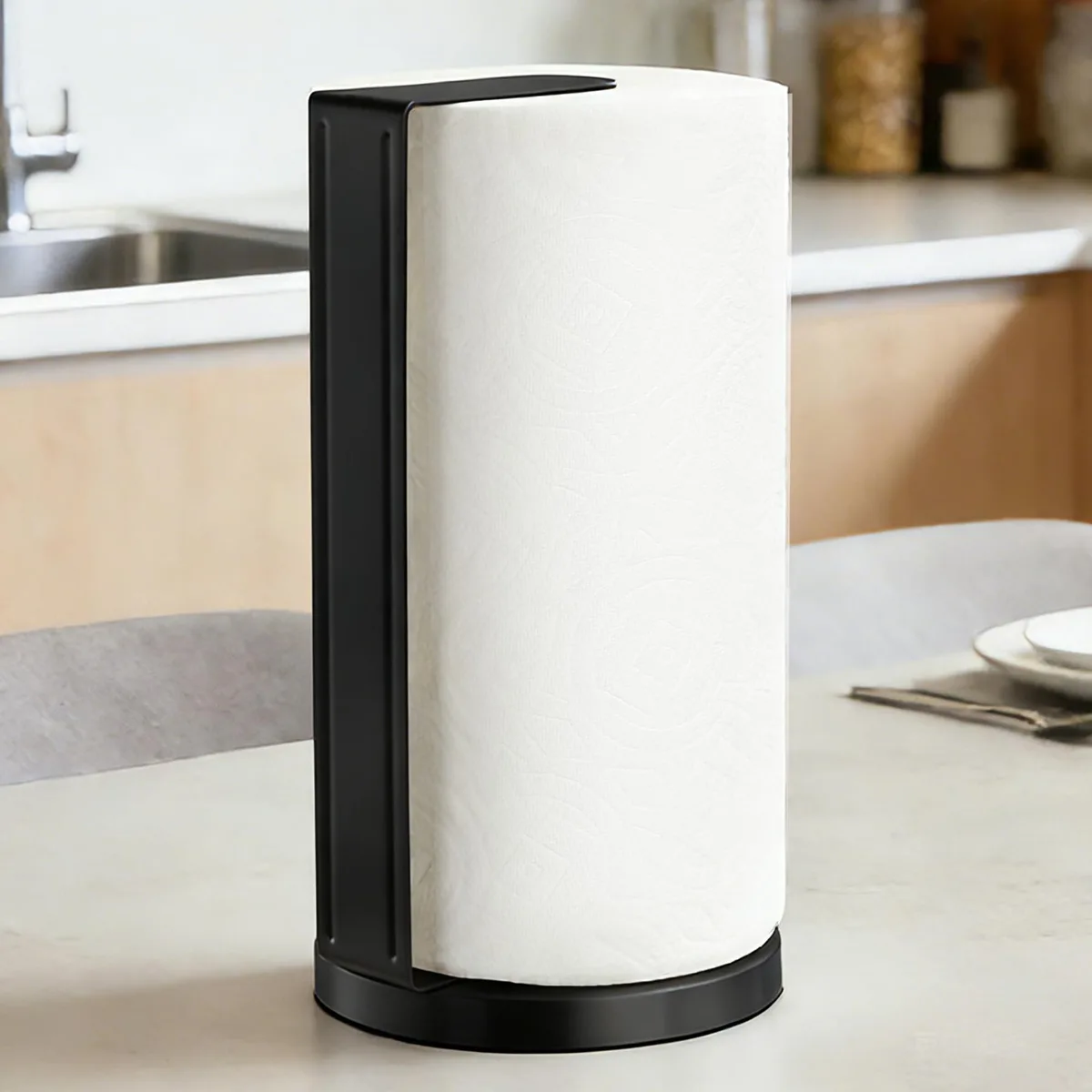 Matte black stainless steel paper towel holder with weighted round base, vertical rod, 11.93 inches tall