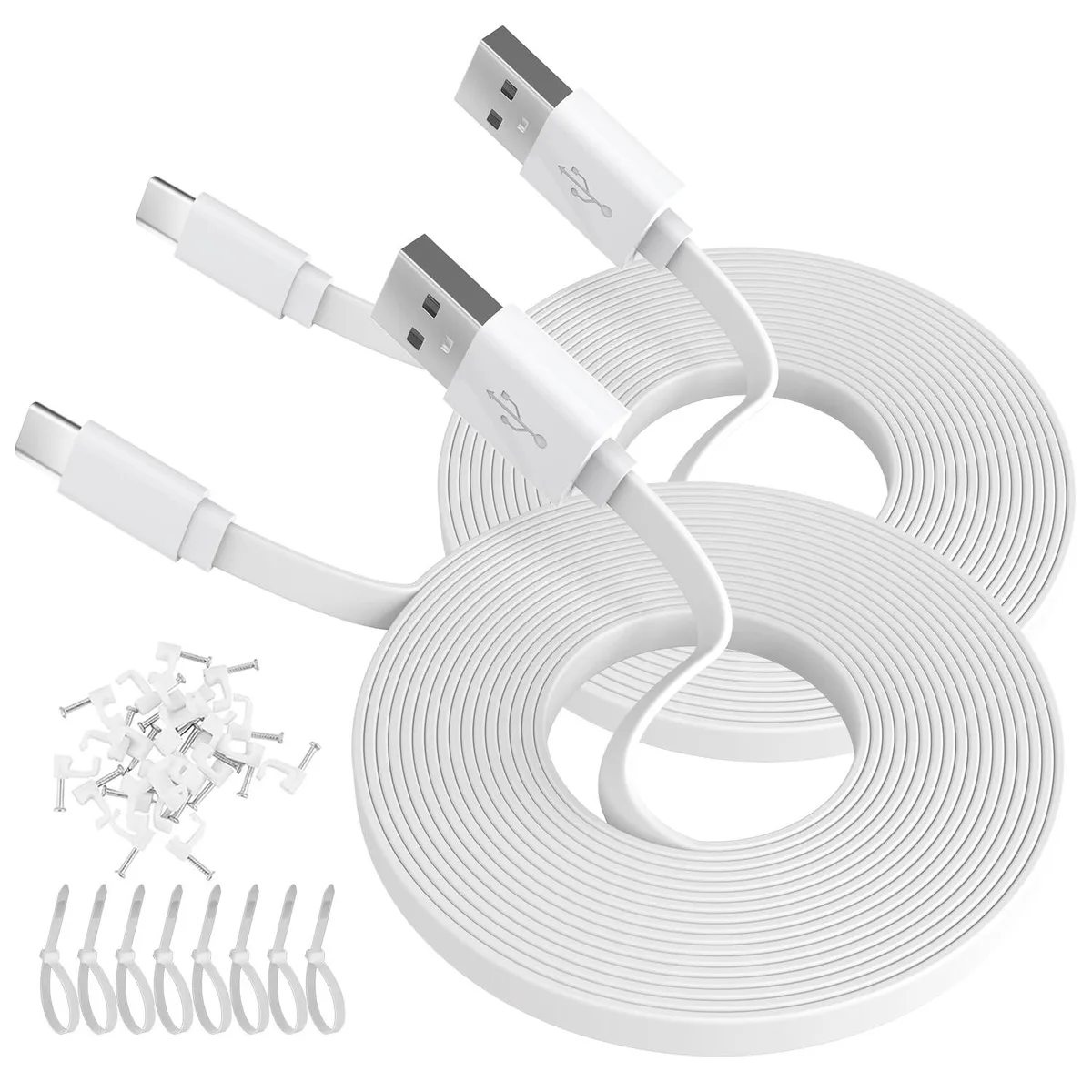 Two white flat USB-A to USB-C cables, 10 ft each, with clips and ties