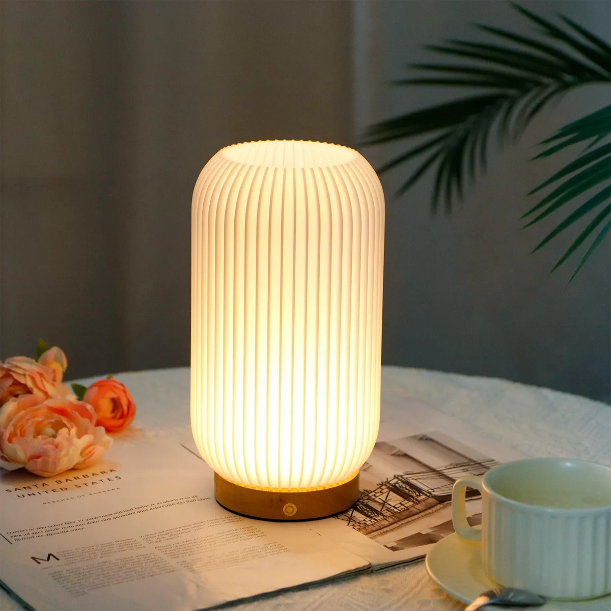 Small metal table lamp, nine inches tall, with a textured 3D-printed shade and touch-sensitive base