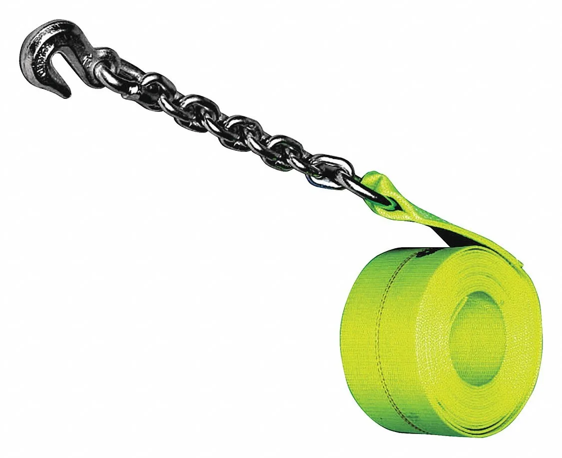 Yellow polyester winch strap, 27 ft long by 4 in wide, sewn-eye end
