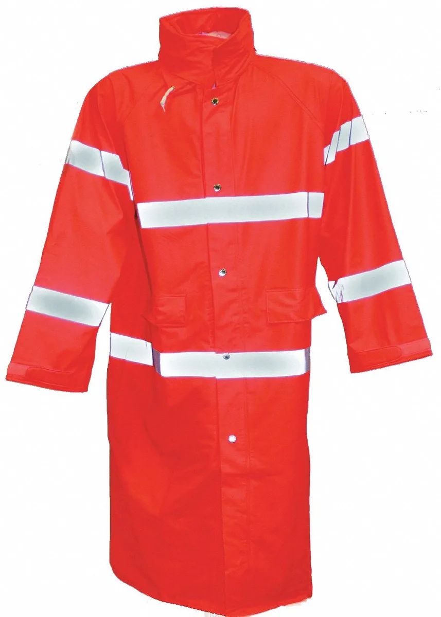Bright orange polyester rain jacket with attached hood, snap front closure and storm flap, hip length, size 4XL