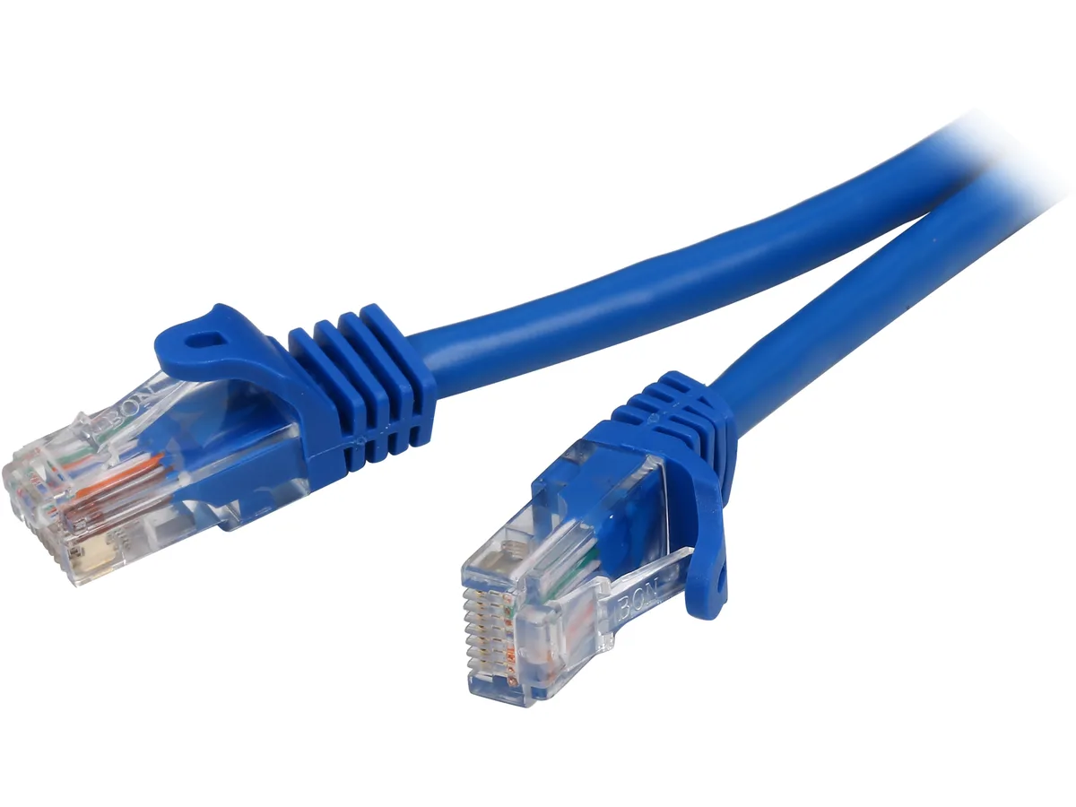Blue snagless Cat5e Ethernet cable with RJ45 connectors, 7 ft length