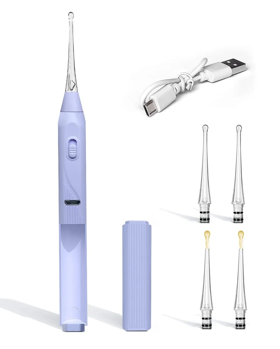 Purple ear wax removal tool with LED light and built-in storage, 4.92 inches long