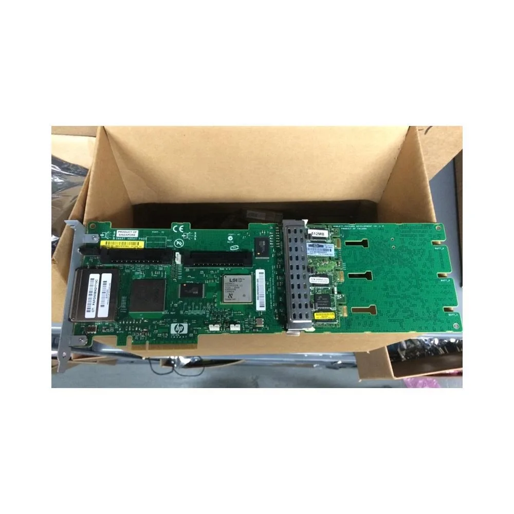 Green rectangular PCIe RAID controller card with silver bracket and multiple SAS ports
