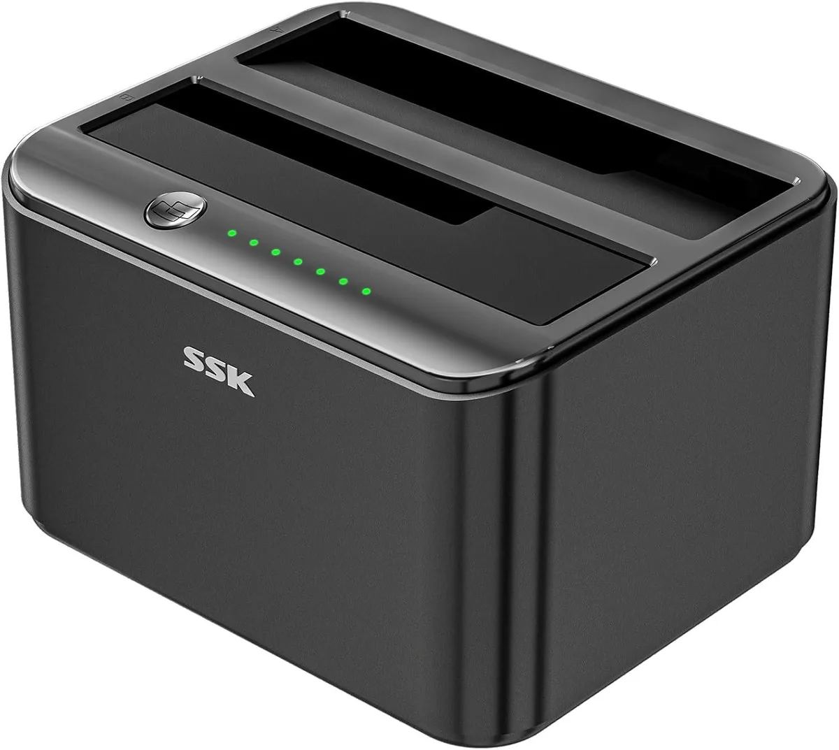 Black aluminum dual-bay SATA dock and M.2 enclosure side by side