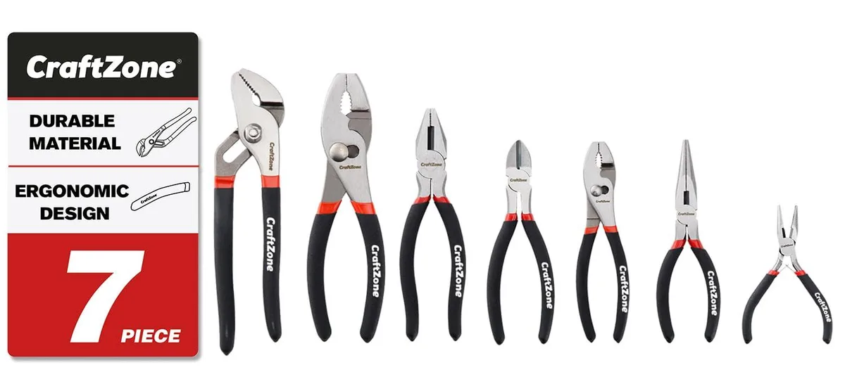 Seven-piece pliers set, matte pearl nickel finish, triple-colour soft-grip handles
