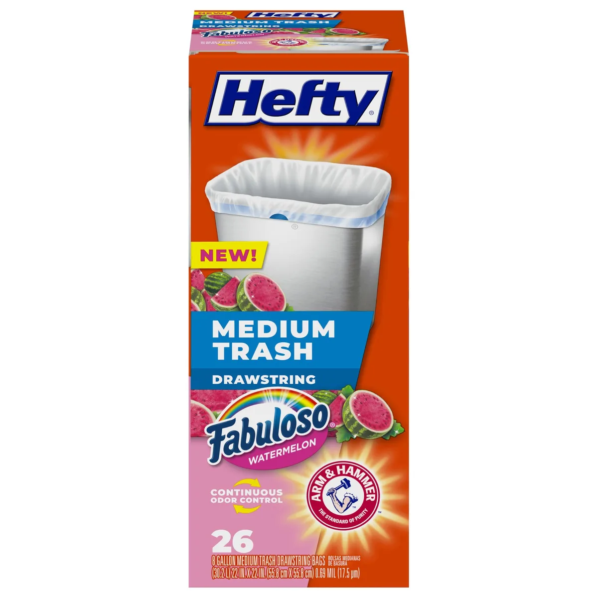 White rectangular box containing 26 watermelon-scented 8-gallon trash bags
