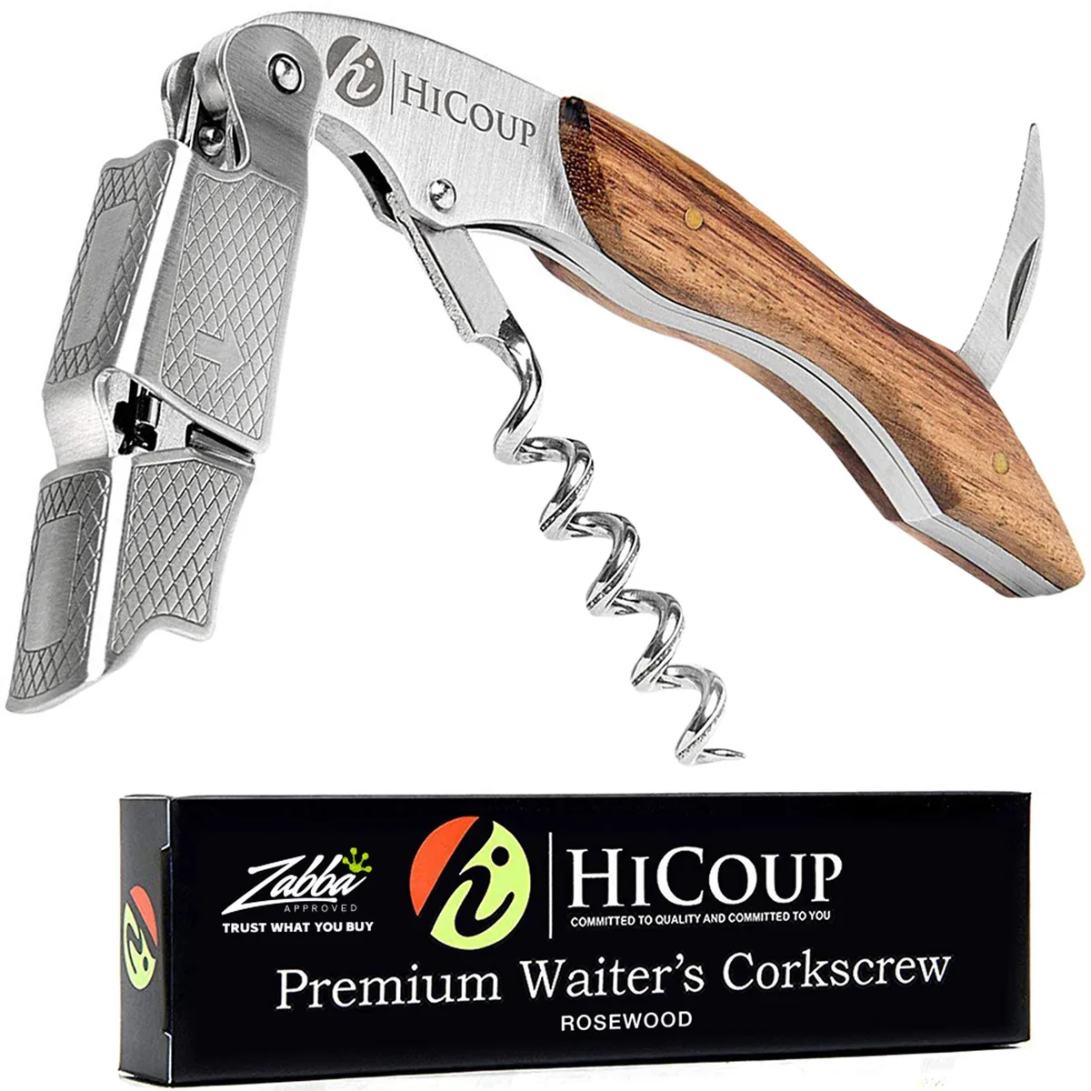 Stainless steel waiter corkscrew with rosewood handle, foil cutter and cap remover