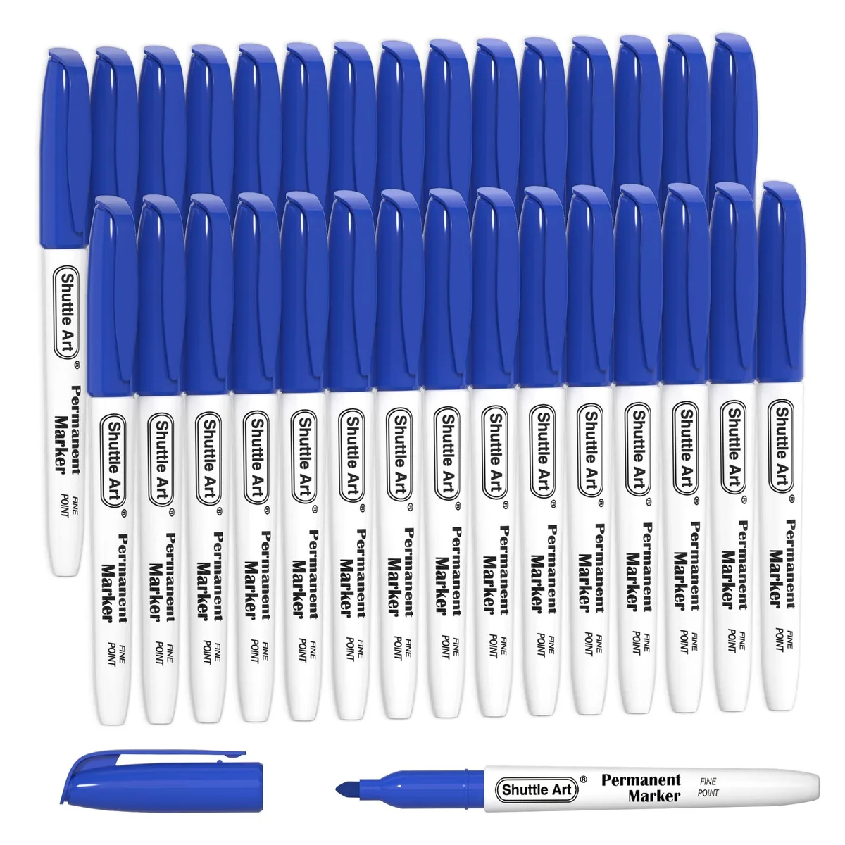 Rectangular blue box holding thirty fine-point permanent markers