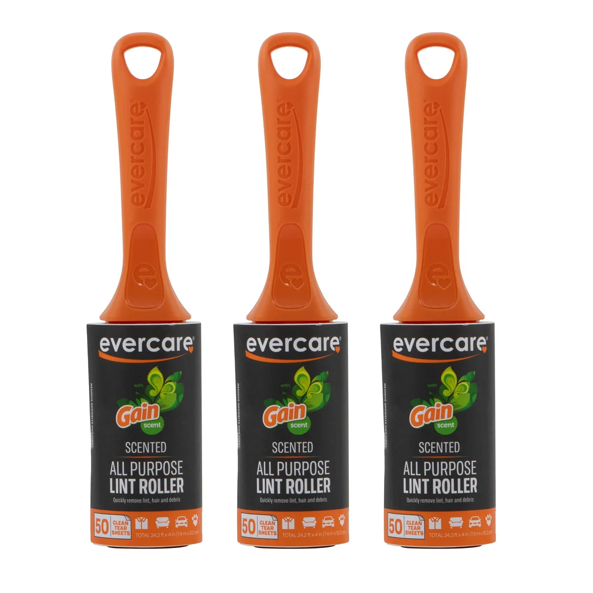 Three orange lint rollers with Gain scent, 150 sheets total