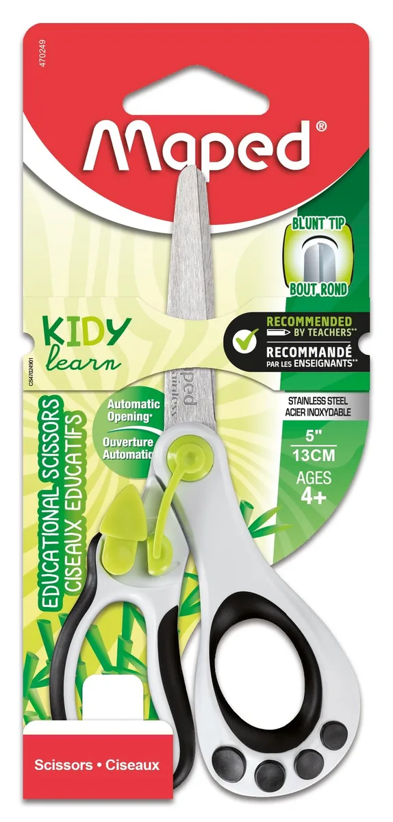 Black and white spring-assisted scissors with blunt tip, 5 inches