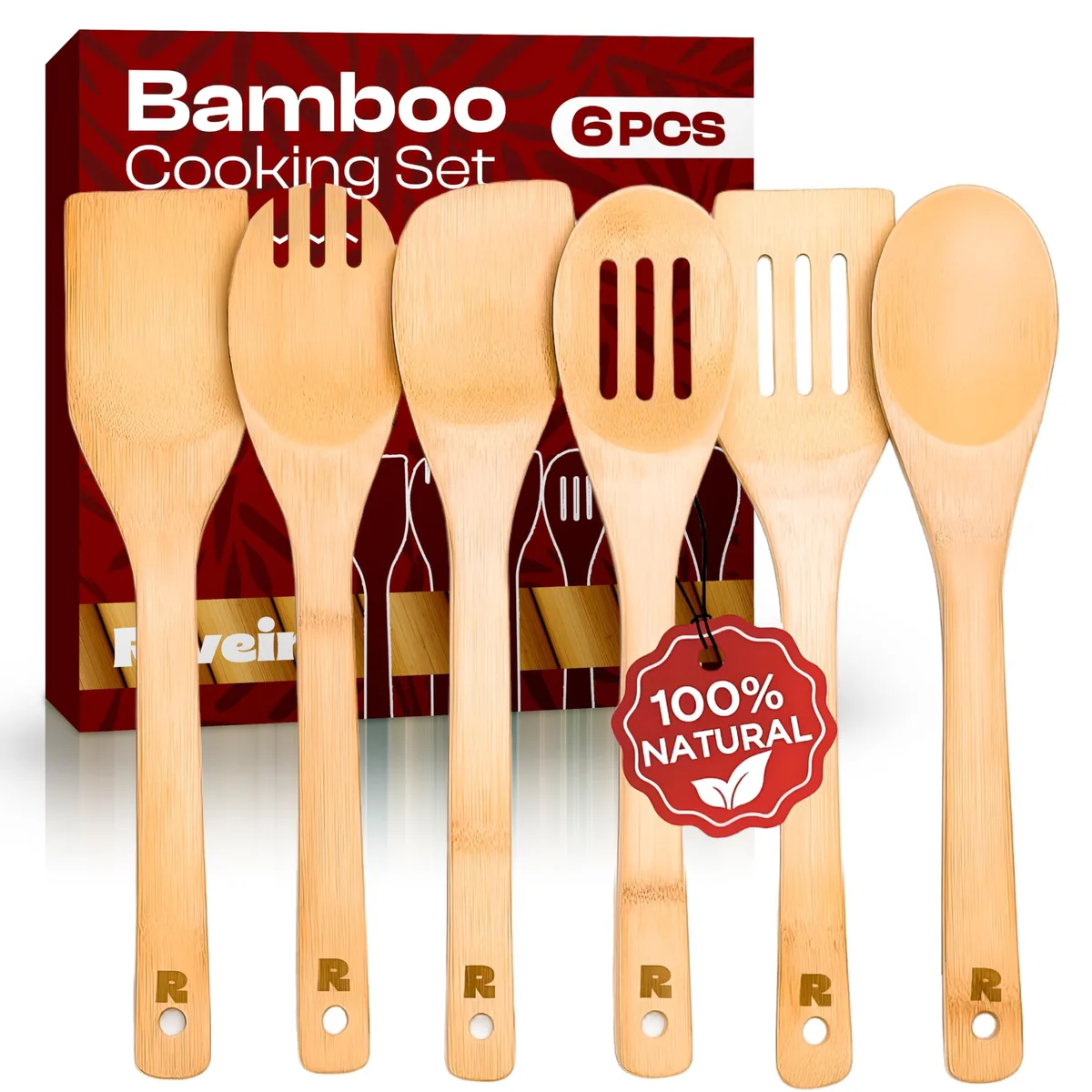 Six natural bamboo cooking utensils lying flat