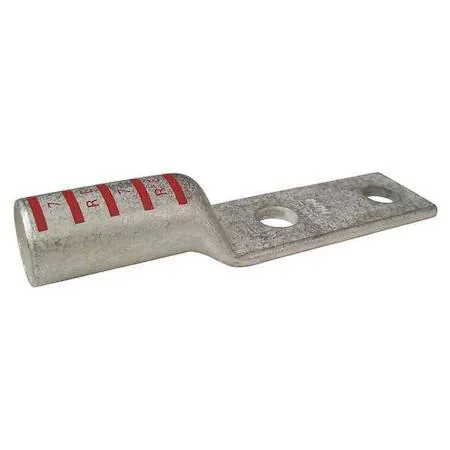 Copper two-hole compression lug, long barrel, red colour code, straight tongue