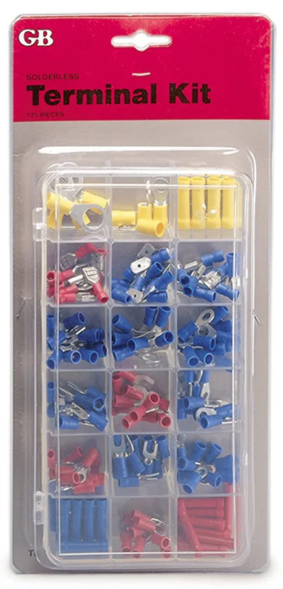 Clear plastic case holding 175 black insulated wire terminals and connectors