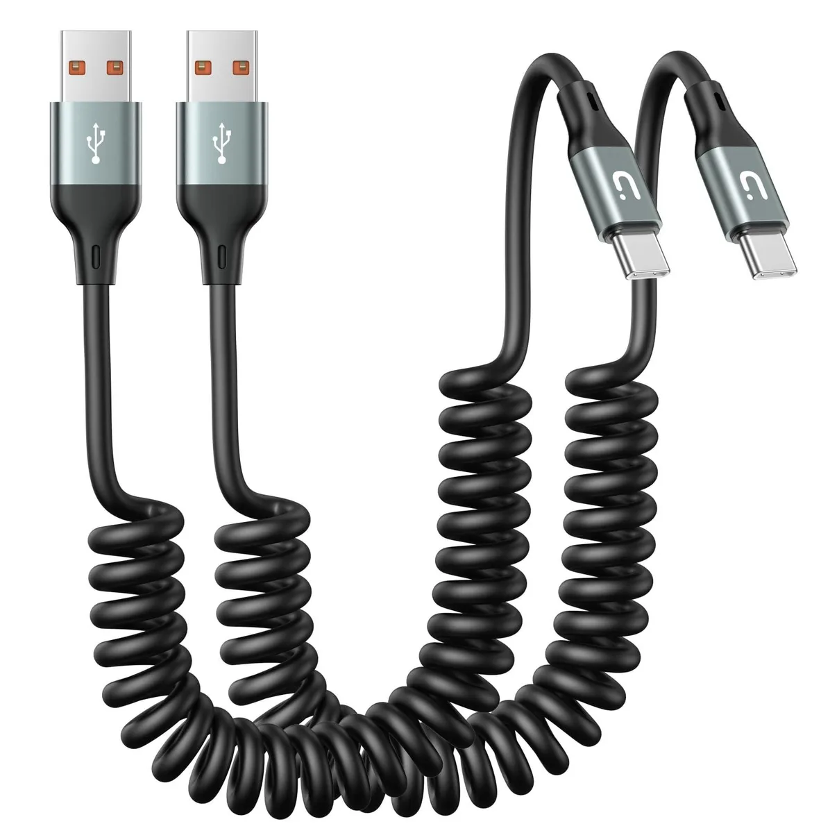 Two grey coiled USB-A to USB-C cables, spring-style retractable design, male-to-male connectors