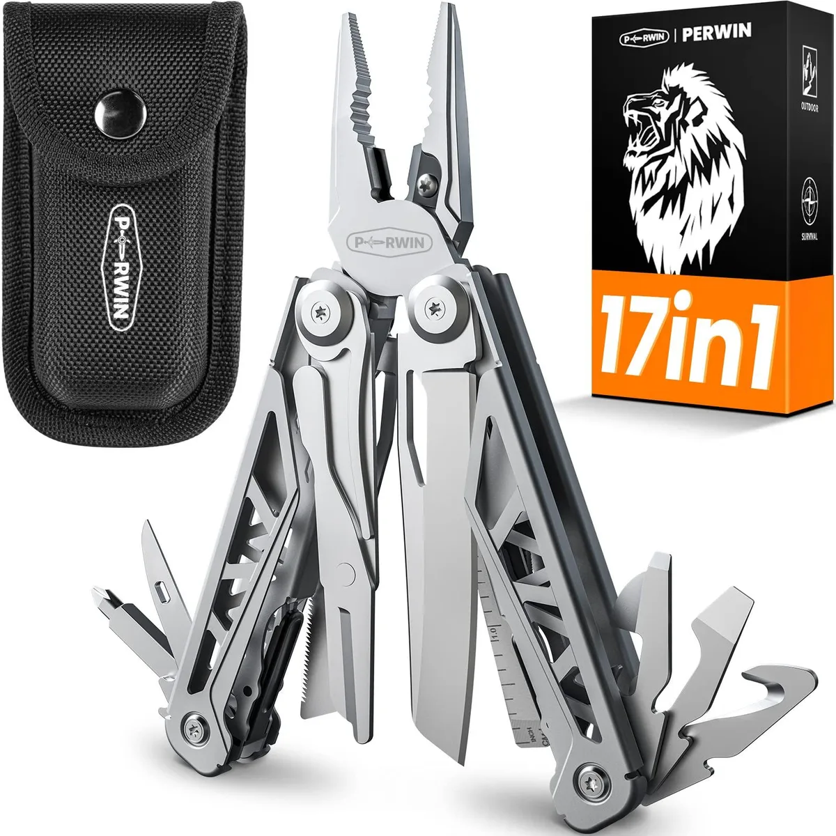 PERWIN 17-in-1 multi-tool, stainless steel, 4.3in, nylon sheath