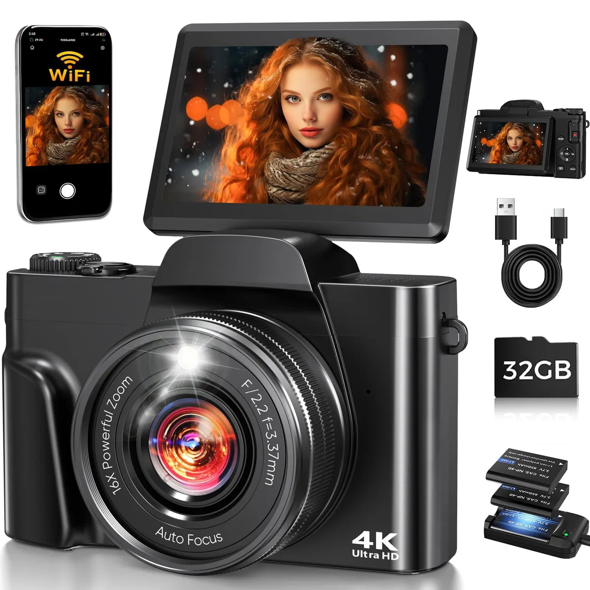  FACLAM DC103 64MP 4K Compact Camera 16x Zoom 180° Flip Screen WiFi Black — product photo
