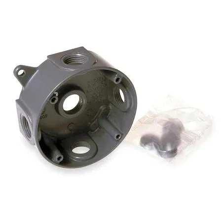 Round gray aluminum electrical box with five inlets and four closure plugs