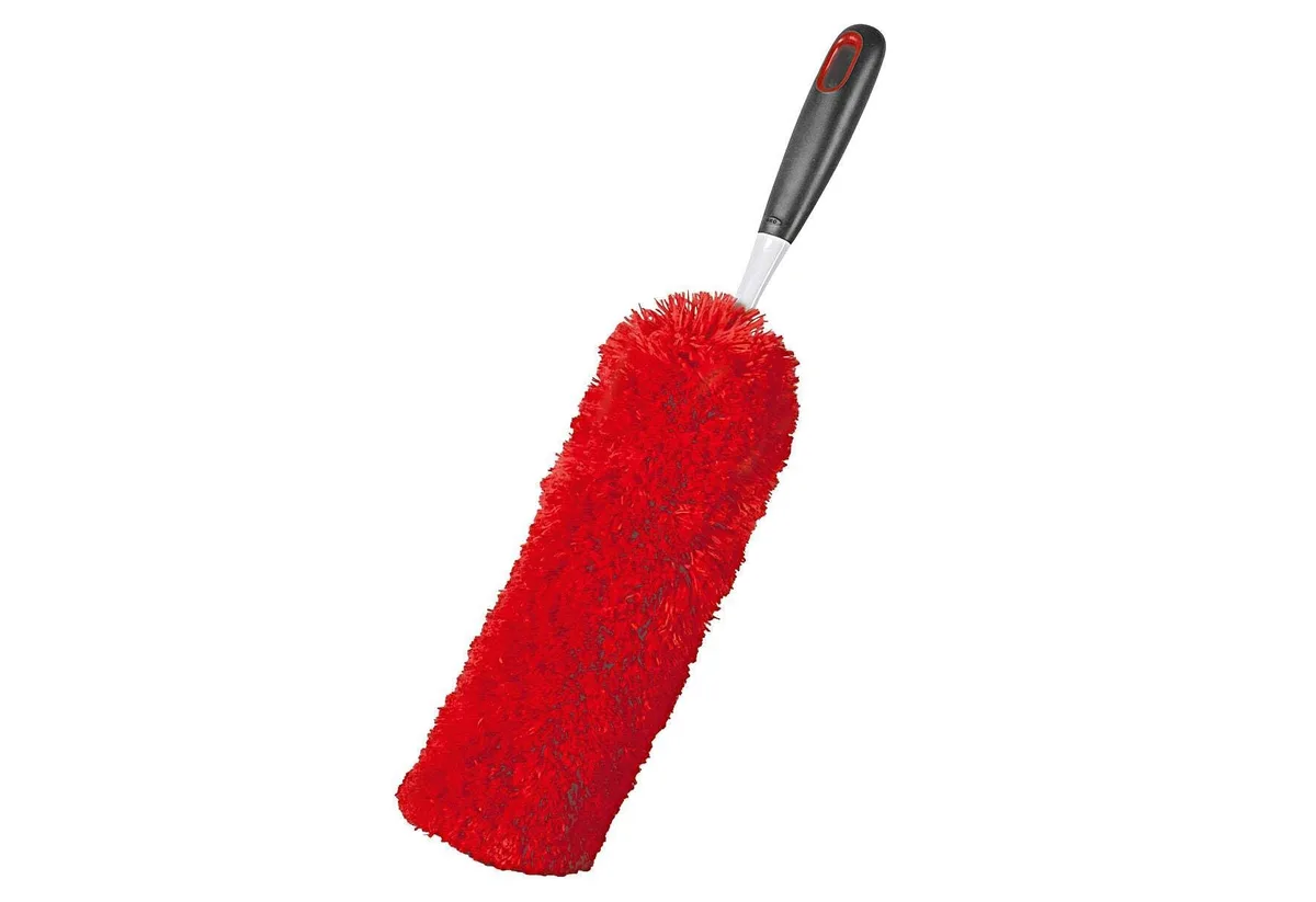 Orange microfiber duster with slim head and non-slip grip handle