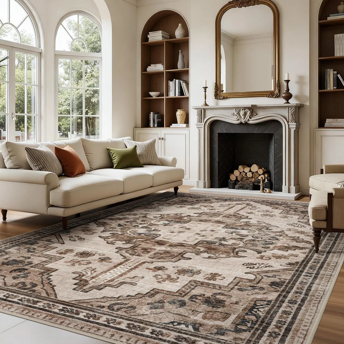 Rectangular light coffee polyester rug with vintage distressed pattern and non-slip backing