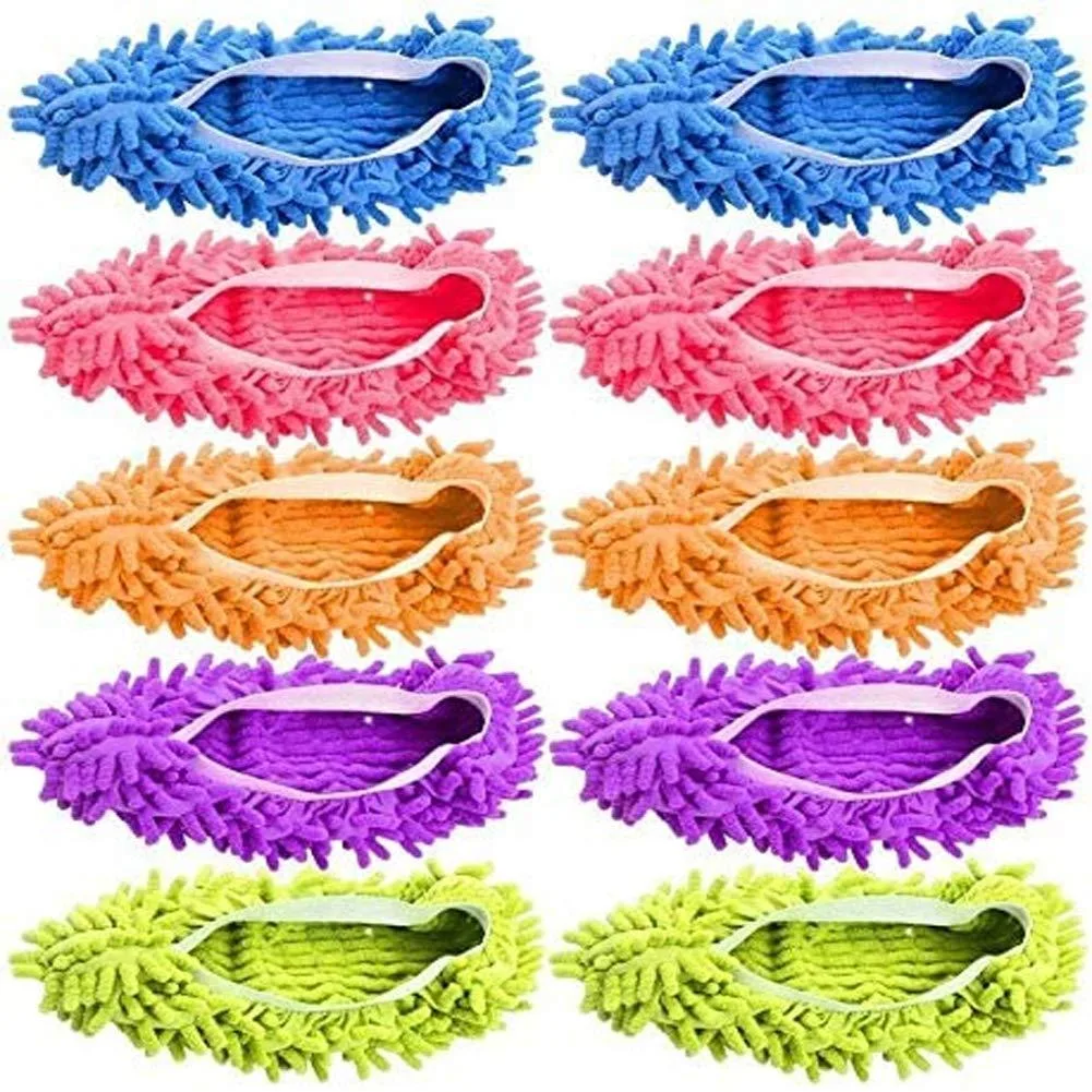 Five pairs of chenille microfiber mop slippers in assorted colours with elastic straps