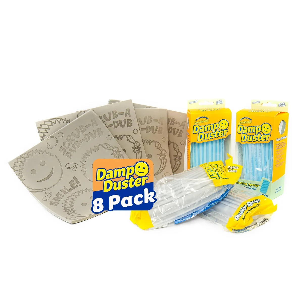 Bundle of four white dusting sponges and four white microfibre towels in rectangular packaging