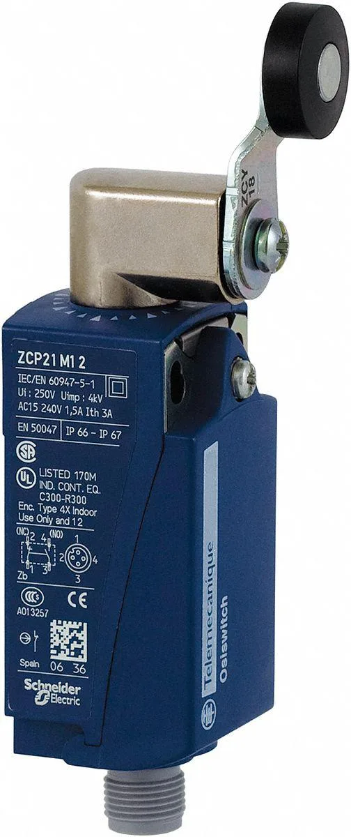 Miniature limit switch with side-mounted roller lever actuator, grey industrial housing