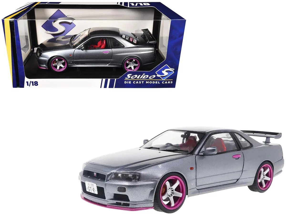 Solido Solido 1999 Nissan Skyline GT-R R34 RHD Silver Metallic Purple Wheels 1/18 hobby collectible — product photo