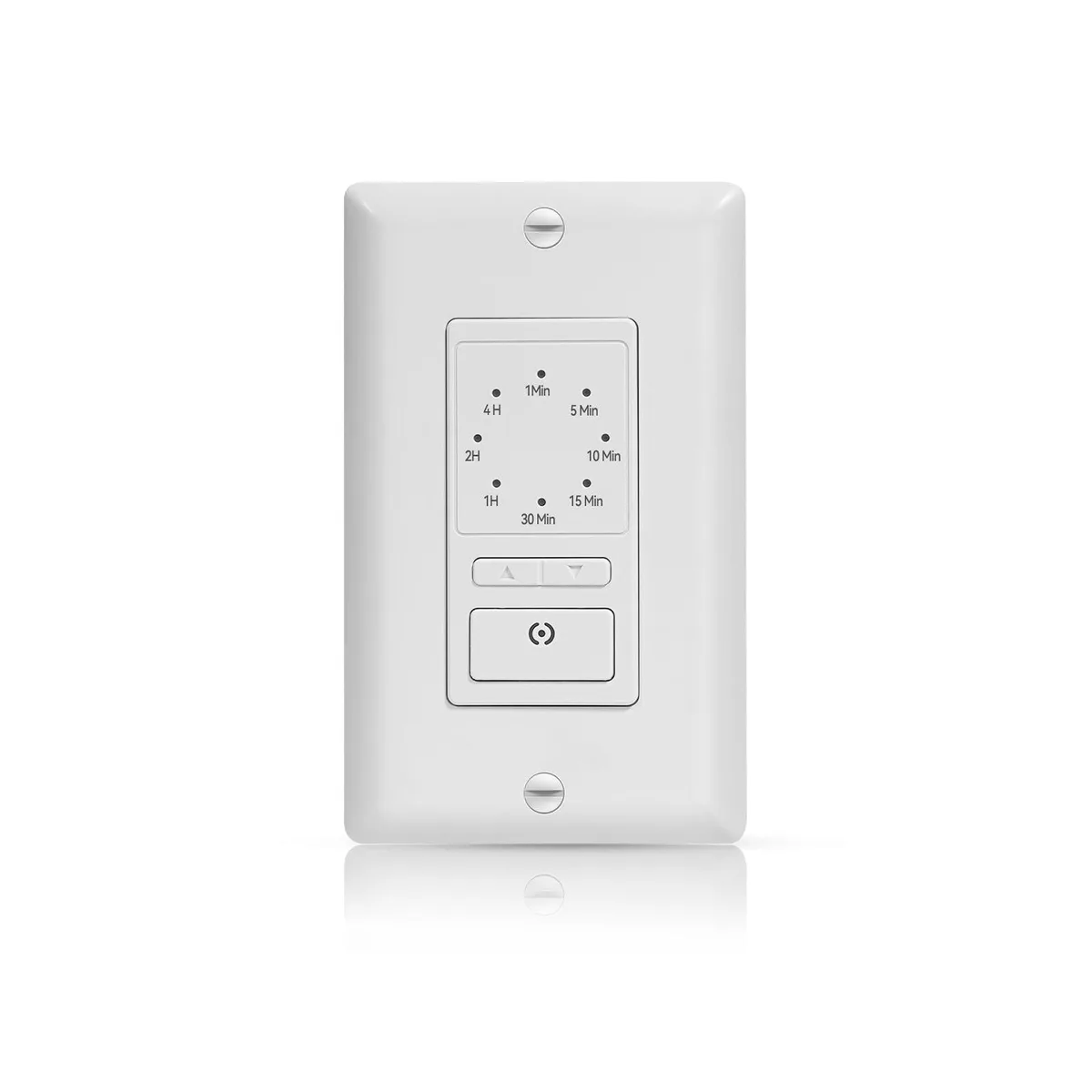 White rectangular wall timer switch with push button and LED indicator, wire leads visible