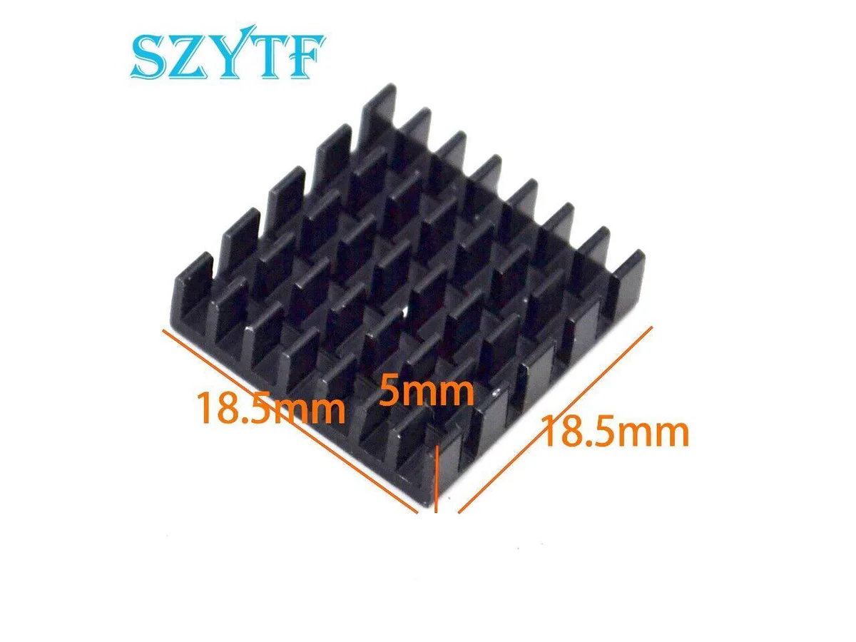 Five small square copper heatsinks with fins, 19mm each