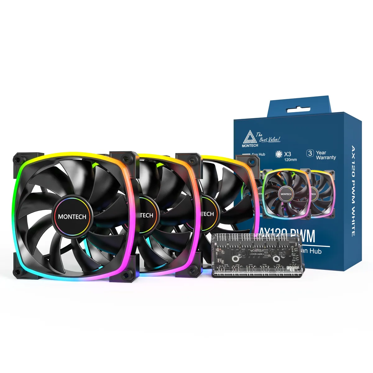 Montech Montech AX120-3in1B 120mm ARGB case fan 3-pack with 6X6 hub — product photo