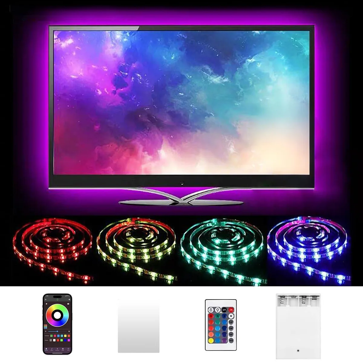 White 6.56ft LED strip with clear prismatic cover and USB battery pack
