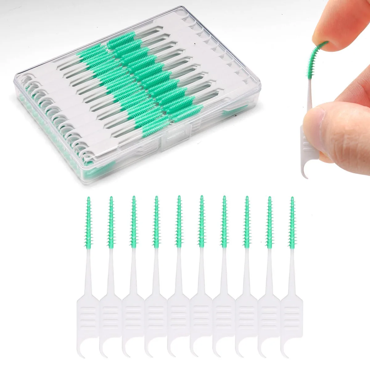 Green box of 300 dual-head floss picks with soft silicone tips