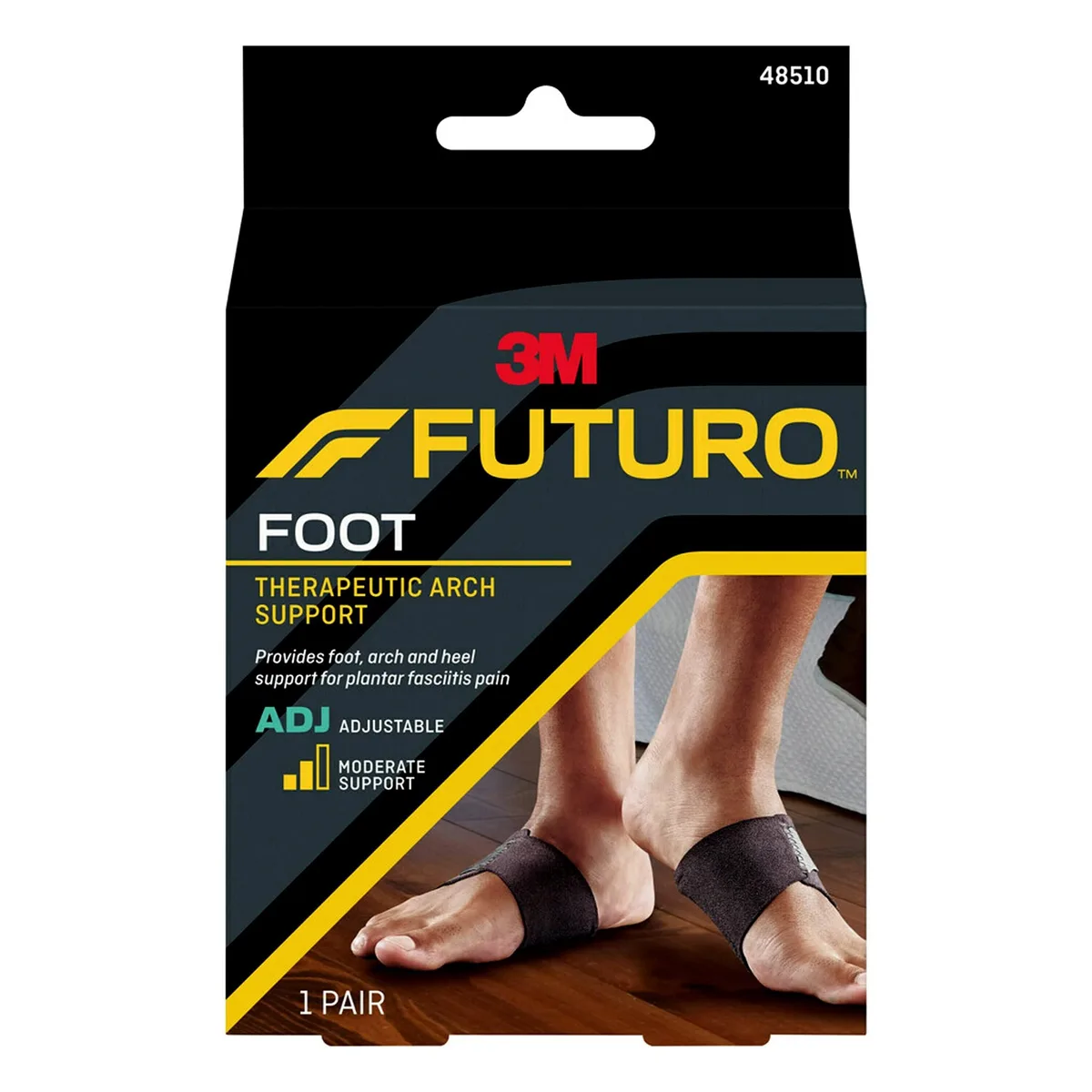 Black fabric arch support with adjustable strap and removable insert visible on top