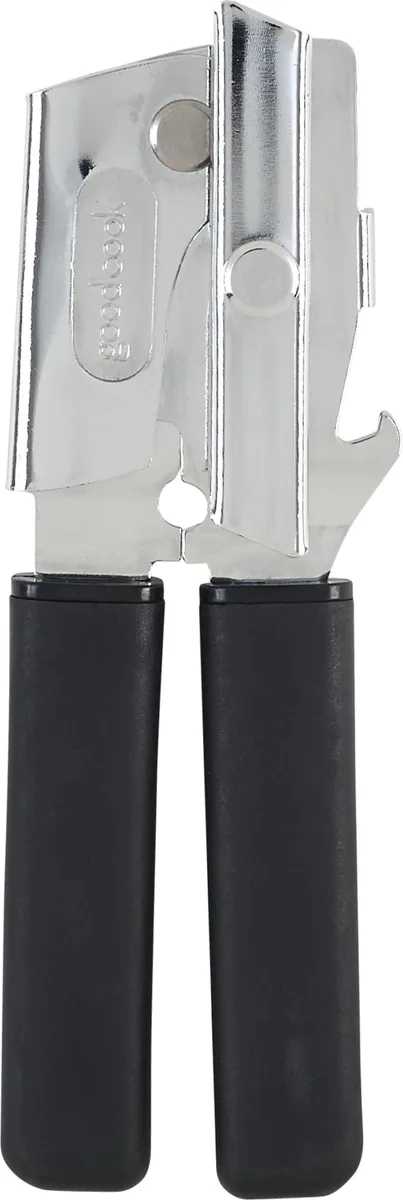Silver manual can opener with black soft-grip handles, 9.5 inches long