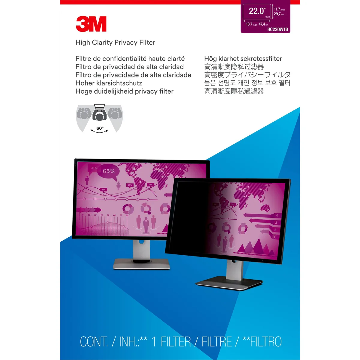 3M 3M HC220W1B 22 inch widescreen privacy filter 16:10 — product photo