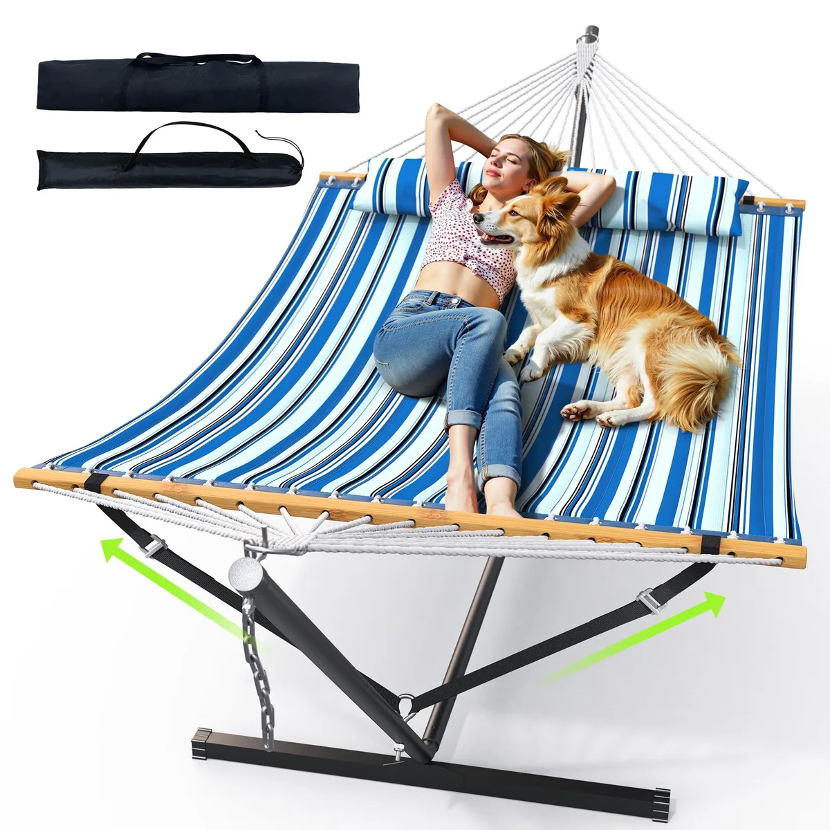Blue double hammock with steel stand and adjustable chains