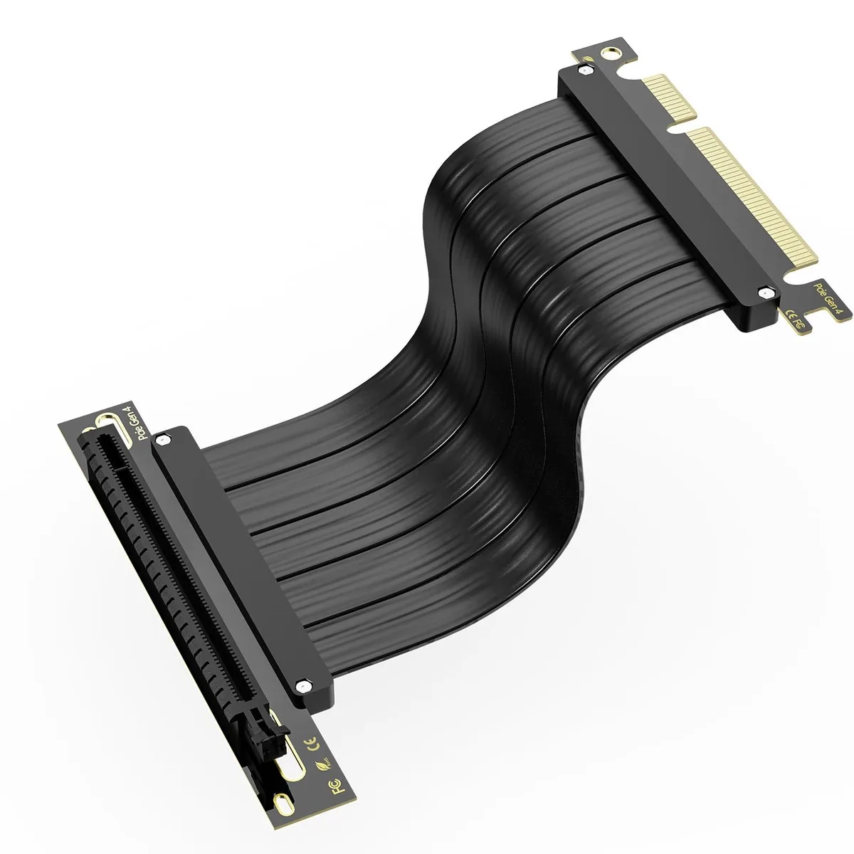 Black flat PCIe 4.0 riser cable with 90-degree connector, 200mm length