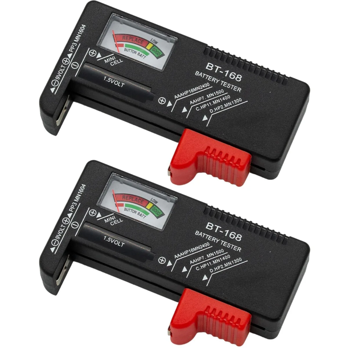 Two compact rectangular ABS plastic battery testers with analog needle displays and color-coded scales