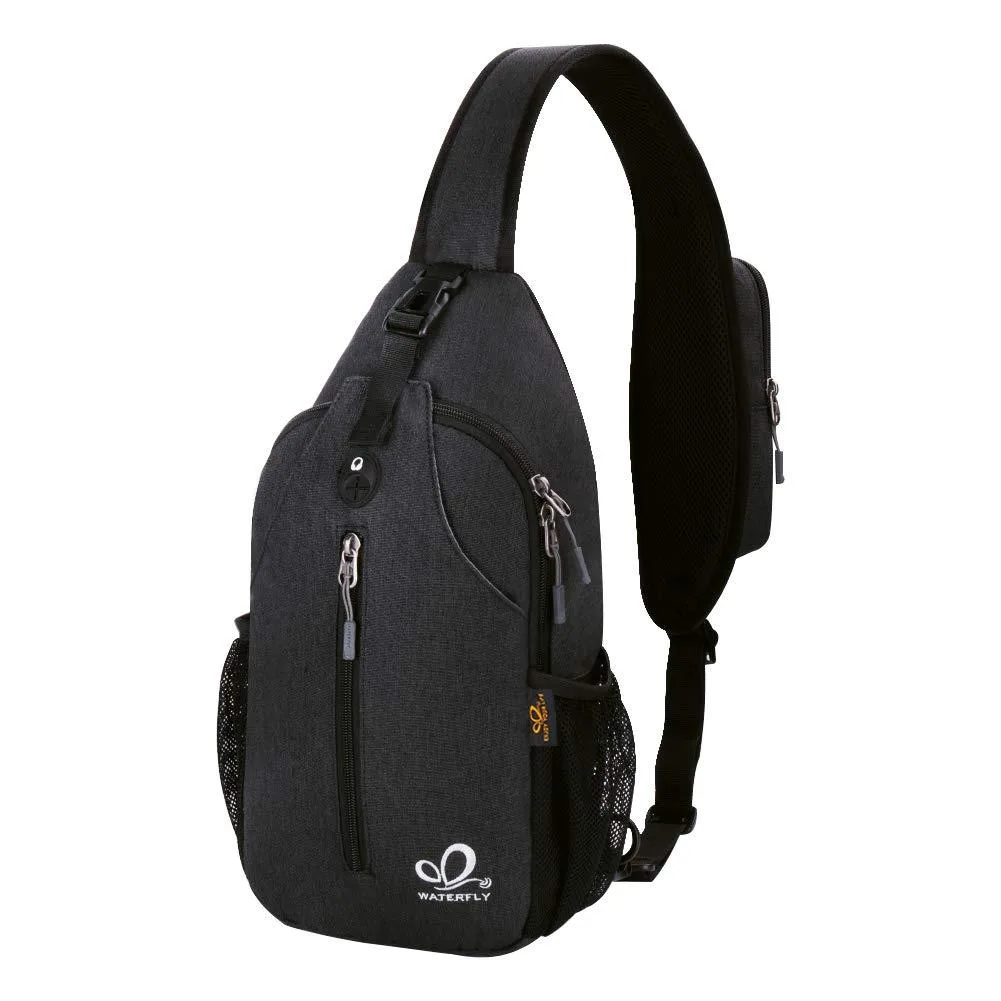 Black polyester crossbody sling pack, compact rectangular shape, adjustable reversible strap, front zip and buckle pockets