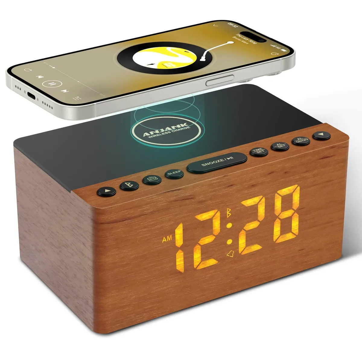 Light brown wooden cube clock with wireless charging top and LED display